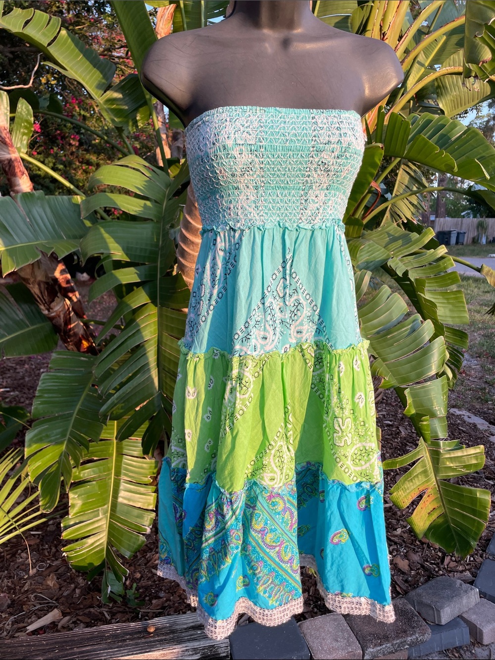 bandanna, print, strapless, patchwork, or tiered dress